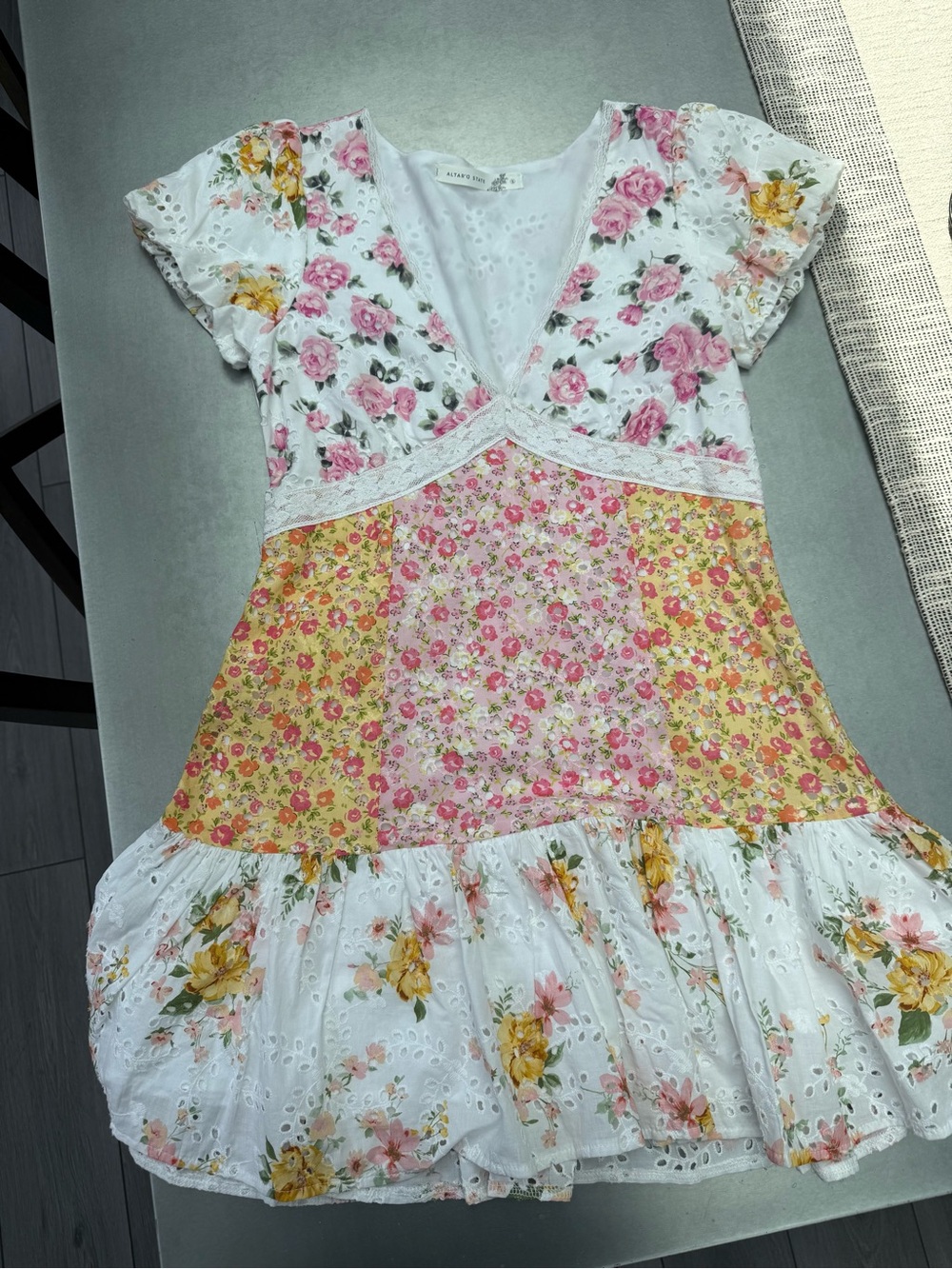 Altard State Floral Eyelet Tiered Mini Dress - Pink, Yellow, White